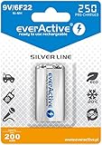 everActive Akku 9V 250 mAh, Ni-MH, Block, wiederaufladbar, vorgeladen, Silver Line, 6F22 HR22 8.4V, 1 Stück - 1 Blisterkarte