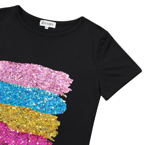 Image of PESION Womens Short Sleeve T-Shirt Sequined Tops O-Neck Funny Graphic Tees Blouse