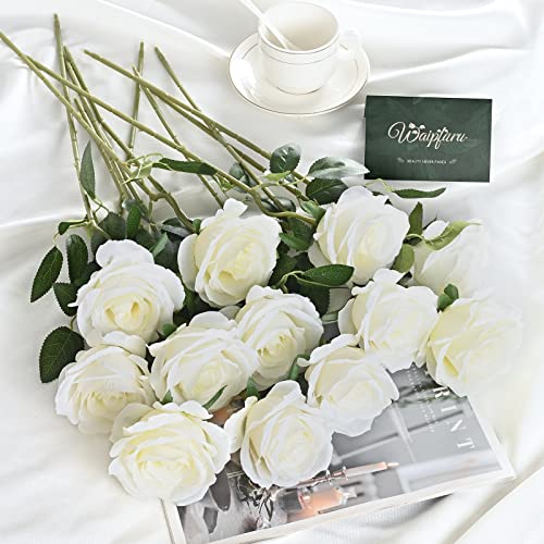 Waipfaru 16 Pcs Artificial Flowers Fake Silk White Roses Bulk, Faux Real Touch Roses Bouquet with Long Stem for Wedding Party Home Decor (White) - Thumbnail 3
