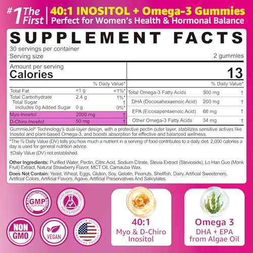 Image of Myo-Inositol & D-Chiro Ideal 40:1, Inositol + Omega-3(3:1) Gummies, Hormone Balance for Women | Sugar Free Inositol Gummies w /Omega 3 DHA:EPA (3:1), Inositol Supplement for Cycle Health, Vegan, 60 Ct