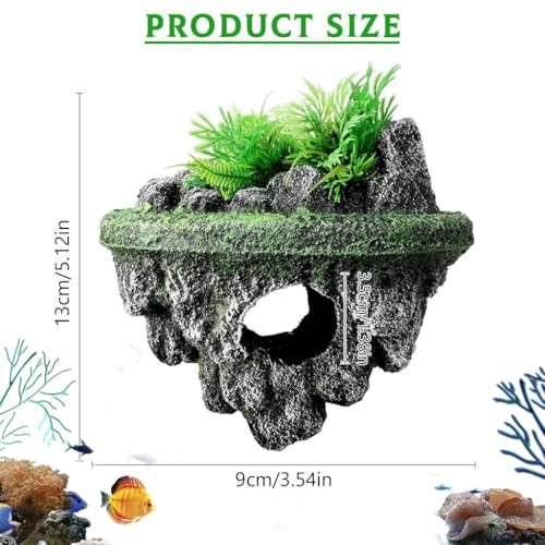 Image of Qpets Floating Betta Fish Tank Decor, Miniature Resin Toys Fish Aquarium Tank Decorative, Rocky Island Ornament Decor Thematic Ornaments with Hiding Cave & Realistic Green Foliage (13x9cm)