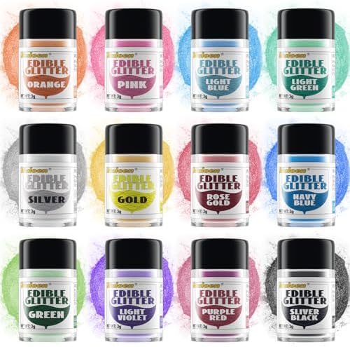 Edible Glitter, 12 Colors 100% Edible Glitter for Drinks, Cake Decorating Supplies, Cookie Decorating Supplies, Strawberries, Cookie, Cocktails, Chocolate, etc. Luster Dust Edible