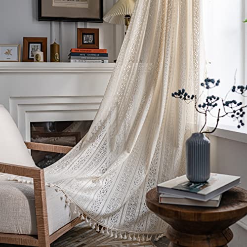 Sutuo Home Rideau bohème semi-transparent en dentelle au crochet avec pampilles tricotées à la main avec passe-tringle, rideaux de fenêtre vintage et...