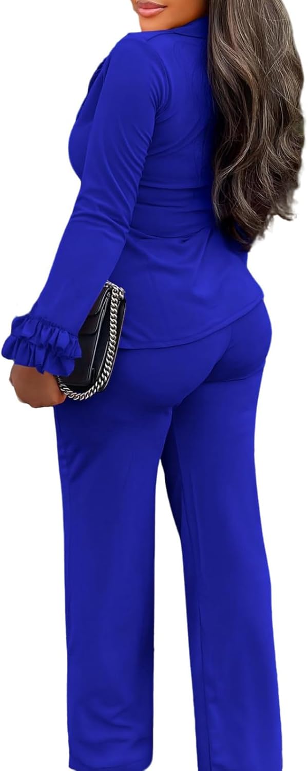 MorwenVeo Women's 2 Piece Pant Suits Ruffle Long Sleeve 2 Piece Blazer Set Sexy Elegant Business Pencil Pant Set - Image 2