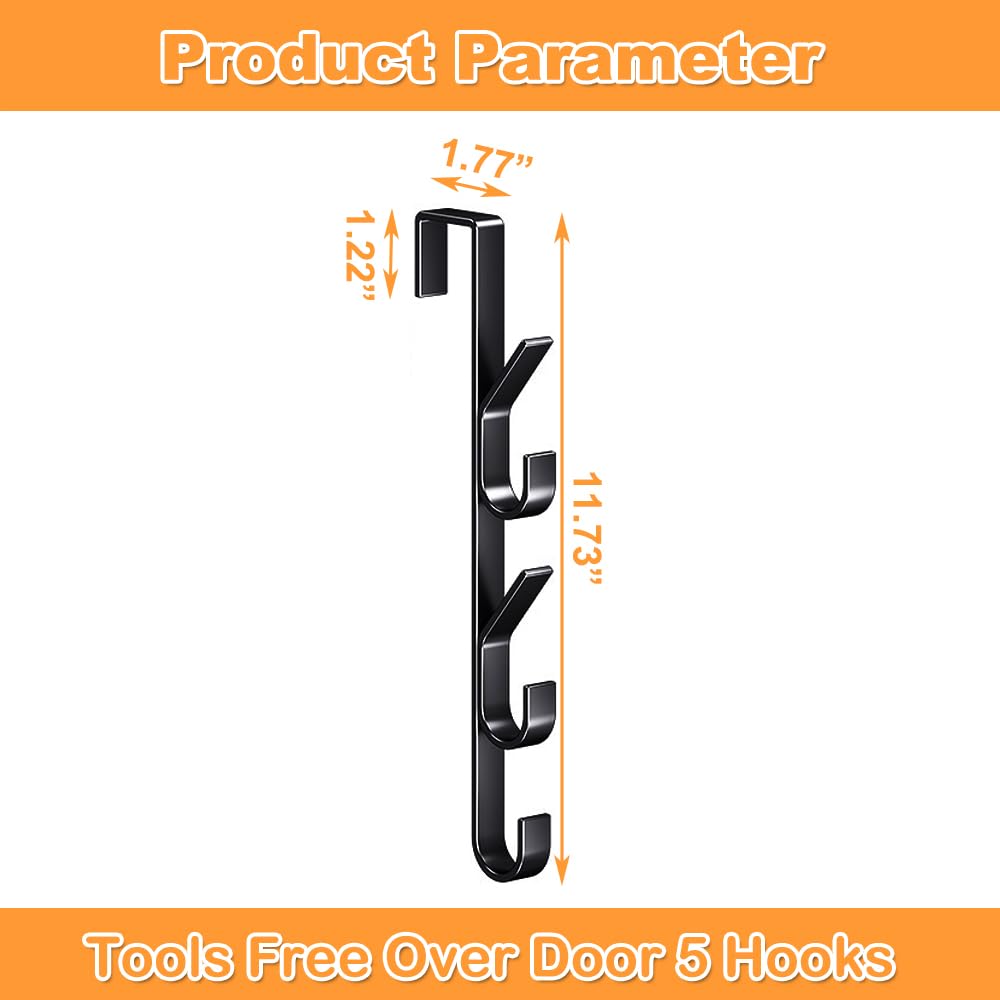 2Pcs Over The Door Hooks Towel Holders for Bathroom, 5 Hooks Door Mount Towel Racks for Bedroom Kitchen, Wall Mount Hangers for Cabinet Cupboard Metal Sandblasted Fits 1-1/2