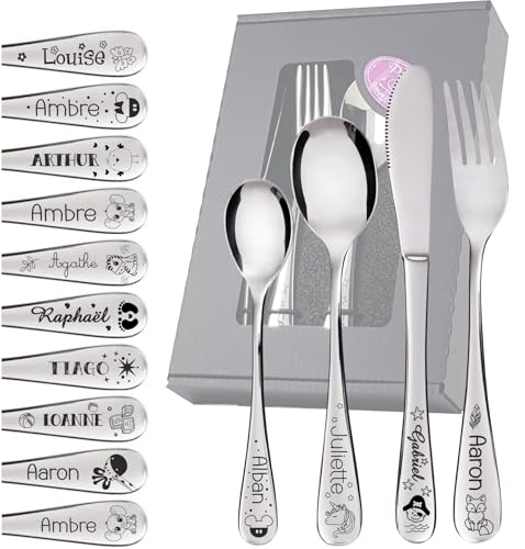 Gravure Events - Couverts pour Enfant avec prénom gravé en France - 4 Couverts personnalisés - Personnalisable avec ou sans Dessin - Cadeau Noël bébé,...