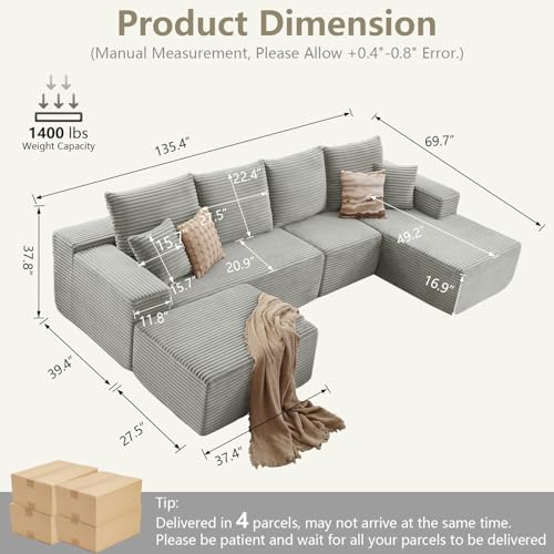 Image of Lakifun 135 inch U-Shape Cloud Couch, Modern Modular Sectional Comfy L-Shape Sofa with Ottoman, Deep Seat, Upholstered Corduroy Sleeper Chaise Longue for Living Room Bedroom, No Assembly Required, Grey