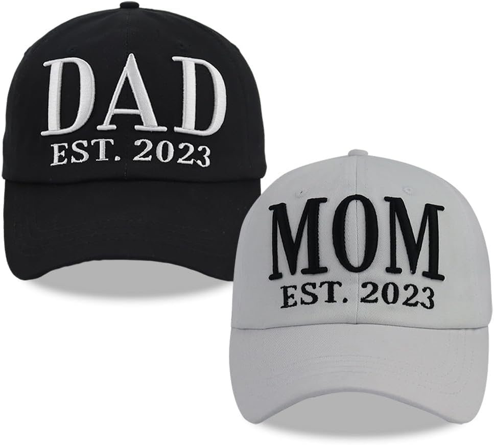 Tacoesha Mom and Dad EST 2023 Gifts for New Parents 2 Pcs, Embroidered Adjustable Washed Cotton Baseball Cap for Men Women