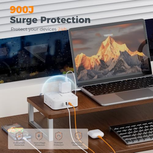 Image of TESSAN Surge Protector Power Strip, 15 Ft Flat Plug Extension Cord with 3 USB (1 USB C 20W PD) 8 Outlets, 1250W, 900J Protection, 3 Sided Outlet Extender with Power Switch for Office, Dorm Room, White