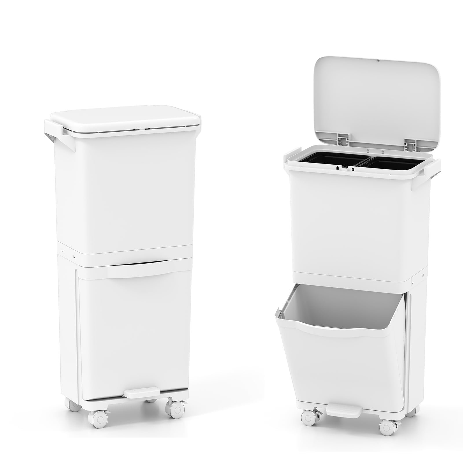 COSTWAY 40L Pattumiera Differenziata a 3 Scomparti, Bidone per Spazzatura con Cestino Rimovibile e 4 Ruote, Secchio Rifiuti a Pedale per Cucina Sala da Pranzo Soggiorno (Bianco)