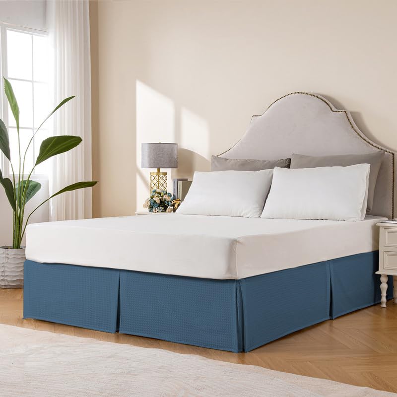 Image of MIYE Pleated Waffle Weave Bed Skirt, Tailored Dust Ruffle 16 Inch Drop Easy Fit, Machine Washable (Blue, King - 16 inch Drop)