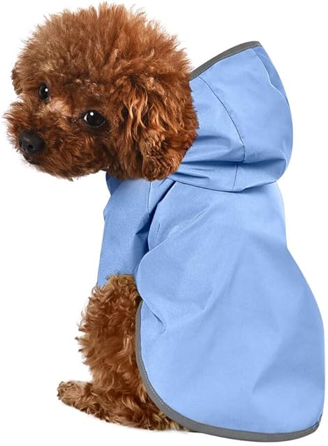 AllPetSolutions Dog Rain Coat with Harness Hole | Small Blue Waterproof Dog Coat | Puppy Reflective Rain Jacket with Hood for Small Dog | Raincoat for Dogs with Leash Hole and Poppers | 25cm Length