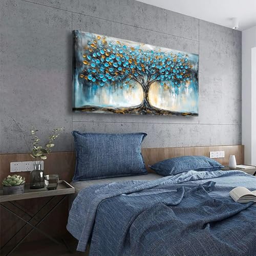 Image of Blue Tree Pictures Canvas Wall Art for Living room Office Bedroom Wall Decor,Abstract Wall Art Print Modern Noble Blue Tree Oil Painting Artwork Waterproof Ready to Hang-20x40inch