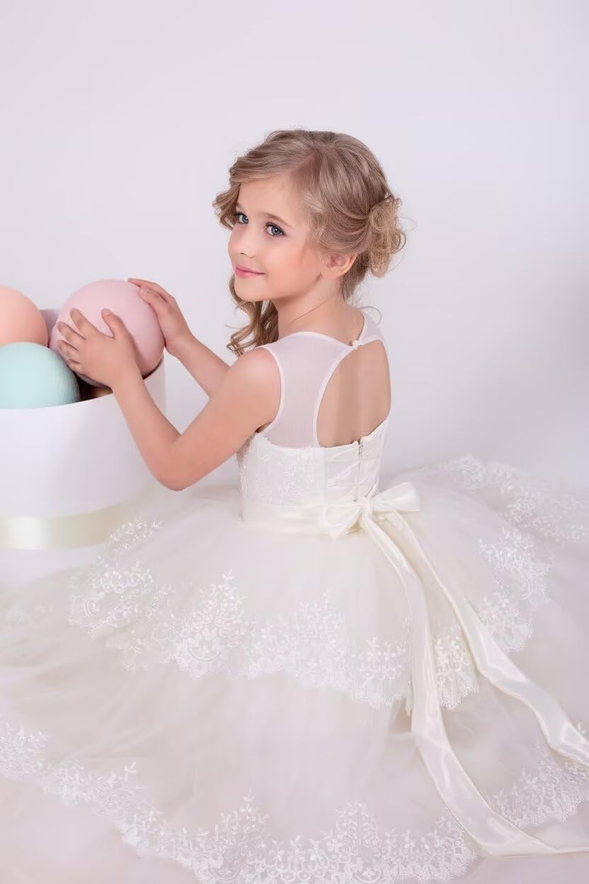 Lace Applique Flower Girl Dresses for Wedding Tulle Pageant Dresses Tiered First Communion Dresses for Girls