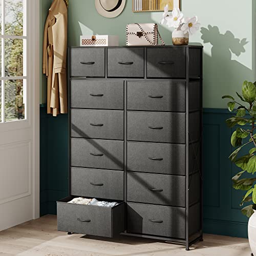 Wlive Tall Dresser For Bedroom With 13 Drawers, Storage Dresser Organizer Unit, Fabric Dresser For Bedroom, Closet, Nursery, Chest Of Drawers With Fabric Bins, Steel Frame, Wood Top, Charcoal Black #TOP4