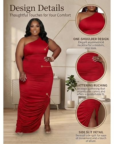 Image of Womens Sexy Plus Size One Off Shoulder Sleeveless Bodycon Ruched Evening Pencil Party Maxi Dresss