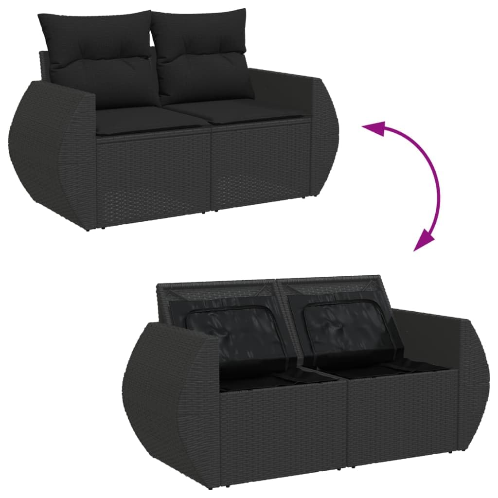 Divano da Giardino 2 Posti, in Polyrattan e Acciaio, Design Modulare con Van Portaoggetti, Cuscini Rimovibili, Set Giardino Esterno, Salotto da Giardino Esterno,Nero, 142 x 62 x 69 cm