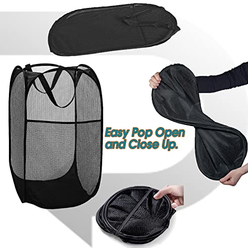 Image of BATTOO Strong Mesh Pop Up Hampers for Laundry, Collapsible Laundry Baskets with Side Pocket Carry Handles for Laundry Room, Bathroom, Kids Room, College Dorm or Travel Black