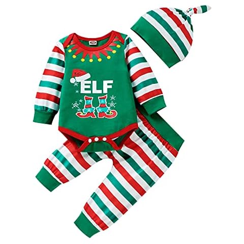 Babies Christmas Outfit 3PCS Santa Elf Striped Long Sleeve Romper T-Shirt Tops and Pants Tracksuit Sweatpants Set (B, 0-3 Months) Cover