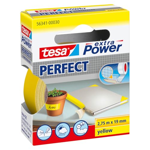 tesa extra Power Perfect Gewebeband - Gewebeverstärktes Ductape zum Basteln, Reparieren, Befestigen, Verstärken und Beschriften - Gelb - 2,75 m x 19 mm
