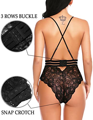 Avidlove Snap Crotch Teddy Lingerie for Women Lace Babydoll Strap Chemise Halter Teddy Mini Bodysuit Black L - Image 2
