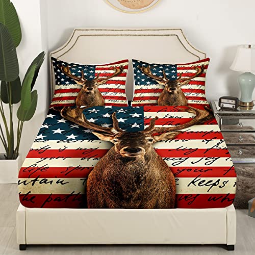 American Flag Bed Sheet For Kids Boys Girls,Vintage Deer Elk Wild Animal Sheet Set Twin,Geometric Star Stripes Bedding Set Home Room Decor,Hunting Animal Fitted Sheet + Top Sheet + 1 Pillowcase #TOP2