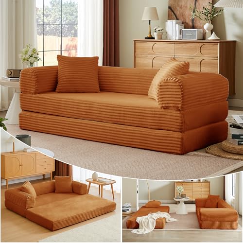 Image of Convertible Futon Sofa Bed, Fold Out Floor Sofa Couch with Sleeper Sofa,Folding Boneless Couches with Deep Seat,Cloud Corduroy Foldable Mattress Couch for Living Room (Orange)