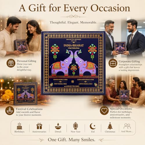 Image of Sancha Tea Boutique, India Bharat Chai Collection, Masala Chai Variety Pack, Ginger /Cardamom /Mint /Original Flavours, 40 Pyramid Tea Bags, Gift Box