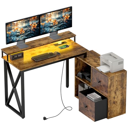 HOMCOM Escritorio Esquinero con Luces LED Escritorio en Forma de L con Estación de Carga 2 Compartimentos 2 Cajones de Tela Soporte para Monitor para Oficina en Casa Marrón Rústico