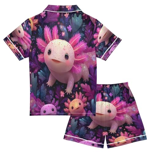 Satin Pajama Sets Short Sleeve Beautiful Colorful Axolotls Button Down Silky Nightwear 2 Piece PJS 5-14Y2