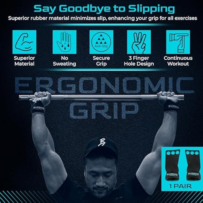 RVRBND Lifestyle 3 Hole Rubber Carbon Hand Grips for Crossfit, Gymnastics, Lifting, Pull Up with Velcro Wrist Strap & Foam Pad, Smooth Hand Protection