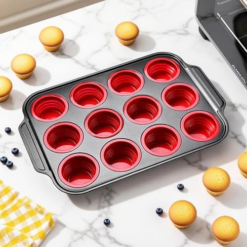 Silicone Muffin Pan, Silicone Cupcake Pan for Baking, 12 Cup Muffin Pans for Oven with Metal Frame, Non Stick Baking Cups with Press To Release Design, Cake Pop Mold, Egg Bites Mold, Red - Thumbnail 2
