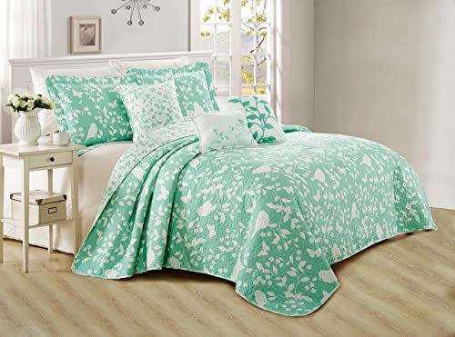 Home Soft Things Birdsong Bedspread Set, Soft Lightweight Reversible Quilt Coverlet Bedspread Bedding Set Cover For All Season, King 102" X 90", Teal #TOP5