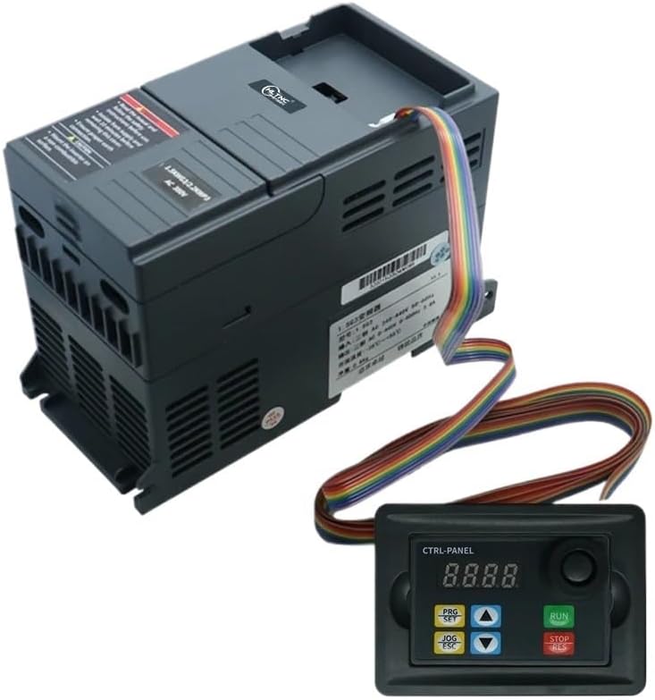 HLTNC HS320 VFD Inverter with its remote control panel and cable, showing connection points.