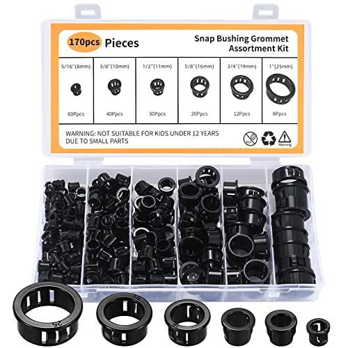 170 Pcs Cable Snap Bushing Grommets, Black Round Nylon Snap in Cable Grommet Protector, 5/16' 3/8' 1/2' 5/8' 3/4' 1' Cable Snap Hole Plugs Locking Bushing Assortment Kit