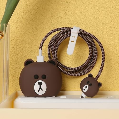 Image of Cartoon 3D Design Protective Case Compatible with Apple 18W - 20W USB-C Power Adapter Charger, Protective Cover for iPhone 18W & 20W Power Adapter Charger with Wire Saver. (Brown Bear)