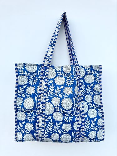 Image of Quilted Cotton Handprinted Reversible Large multicolor Floral Tote Bag,Hand Block Print Shopping Shoulder Carry Bag