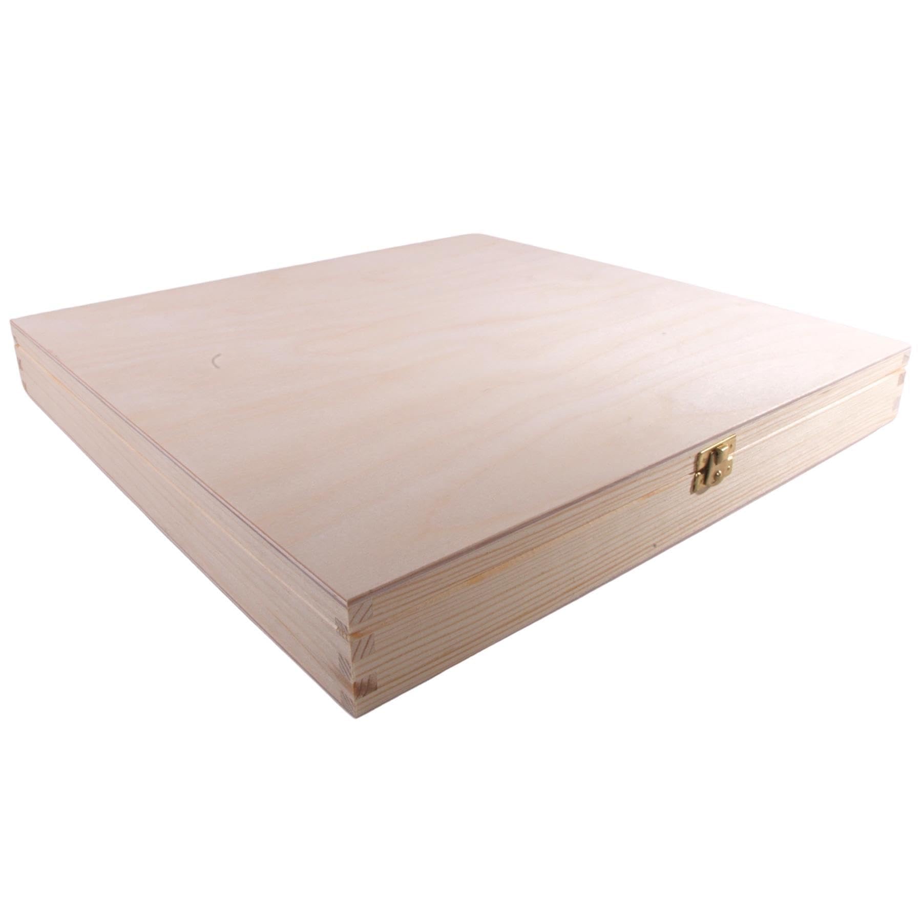 Woodeedoo Natural Large Slim Square Wooden Box With Lid | 40 X 40 X 5 Cm | Clasp Closure | Shallow Depthless Gift Case Keepsake Memory Storage Treasure Holder | Paintable Diy Wood