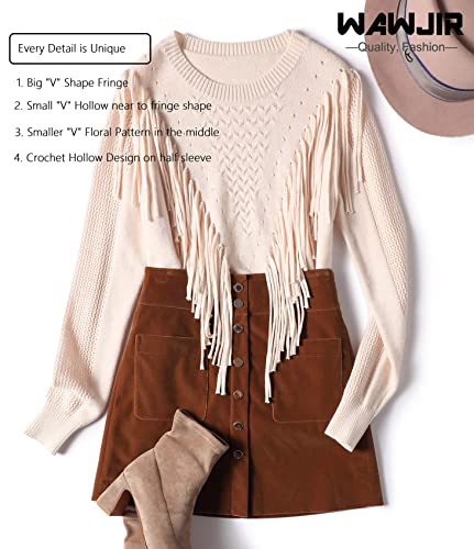 Wawjir Women's Fringe Sweaters Boho Soft Cozy Tassel Pullovers Crew Neck 2022 Trendy Fashion Tops Fall Casual Knit Apricot #TOP5