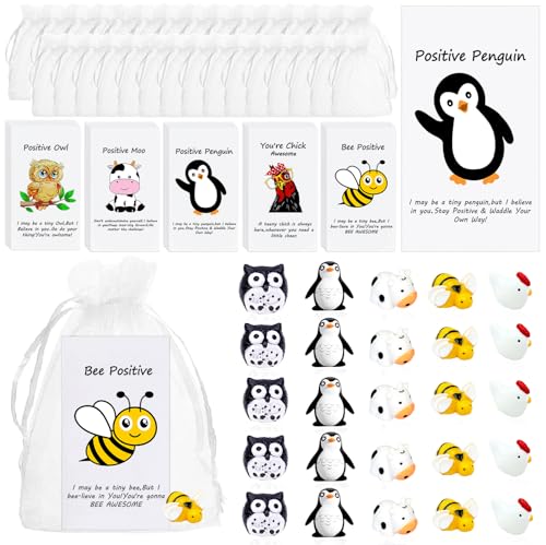 YULYNJQ 50Pack Positive Gifts Bulk Inspirational Teacher Dietitian End of Year Student Gifts,with Funny Card Organza Bag for Coworker Staff(Penguin,Rooster, Bee, Owl, Cow