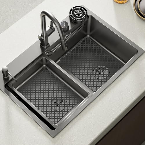 2 Pcs Sink Protector Mats, Silicone Kitchen Sink Mat Hollow Out Draining Heat Proof Mat Protector with Anti Slip Elevated Feet for Bottom of Sink Countertop (Black, L)