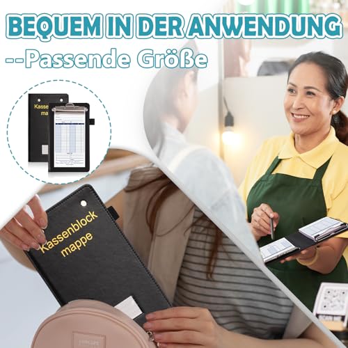 1 Stück Kassenblockmappe aus PU Leder 21x12x3cm Schreibmappe mit Metallklemmen Stifthalter Kassenblockhülle zur sicheren Aufbewahrung von Kassenblöcken 9,5x17,5cm Schwarz (1)