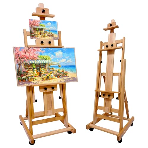 H-Frame Easel for Painting Adjustable Beech Wood Studio Floor Easel Holds 2 Canvases up to 77 with Tilting Flat Heavy Duty Artist Easel Stand for Adults All Media Versatile