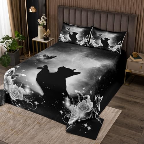 Lindo gato edredón tamaño L silueta gato mariposa animales salvajes edredón conjunto con 2 fundas de almohada, estrellas estrellas galaxia brillante floral microfibra Coverlet conjunto para niños