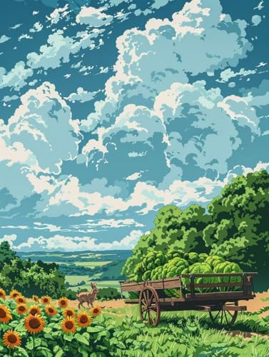 数字油絵キット 農地 数字で塗り絵 雲 完全手書き 絵画 Paint by Numbers DIY 塗り絵 大人用 初心者向け 子供の 手塗り ペイントバイナンバー アクリル レトロ クリエイティブアート ハンドメイドクラフト 玄関リビングと寝室の飾りに最