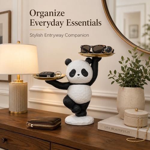 Image of ARMONIA Butler Panda Decorative Figurine with Dual Golden Trays, 25 cm Height, Balanced Design, Premium Materials, Black and White