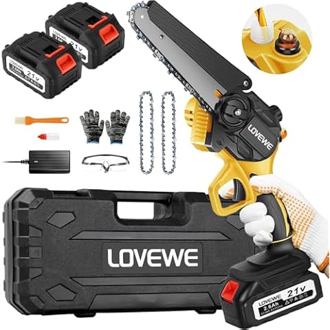 LOVEWE Mini Chainsaw, 6-Inch Handheld Chainsaw, 8s Efficient Cutting,Portable Cordless Chainsaw with 3.0Ah Battery, Safety Lock & Auto Oiler, for Tree Branches, Courtyard, Household, and Garden Cover