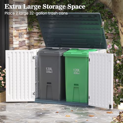 Image of UDPATIO 35 Cu.Ft Horizontal Outdoor Storage Shed, Resin Outdoor Cabinet Waterproof & Lockable for Generator, Garbage Can Garden Tools, White, White & Grey Trim