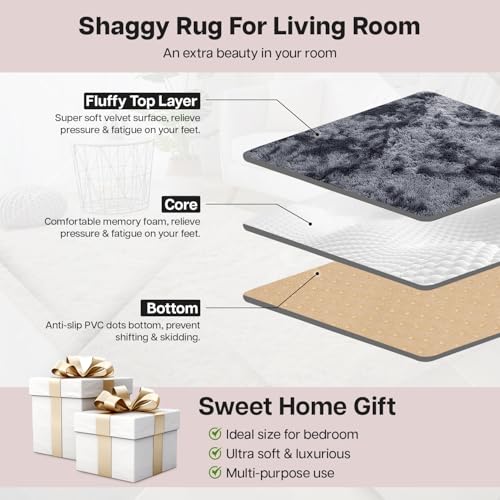 Aspire Homeware Rugs Living Room - Dark Grey Area Rugs for Bedroom Anti Slip - Modern Super Soft Thick Pile Fluffy Shaggy Rug Non Shedding (Tye-Dye Grey, 120x170 cm) - Image 3