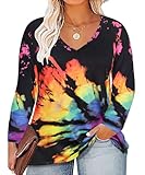 CARCOS Womens Plus Size Tops 6X Long Sleeve Tie Dye Black Rainbow Shirts V Neck Tunics Black Tie Dye Pullover Tees Casual Fall Blouses 6XL 28W 30W